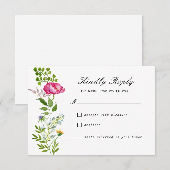 Carte RSVP de mariage Fleur sauvage d'aquarelle (Devant / Derrière)