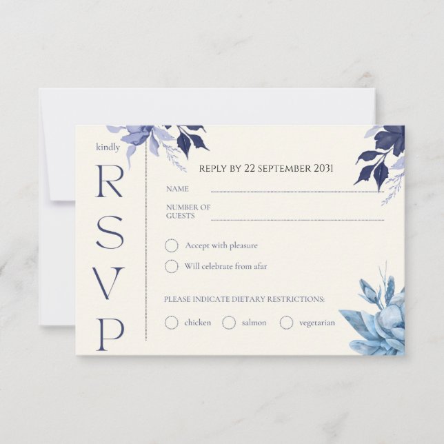 Carte RSVP de mariage floral bleu moderne (Devant)