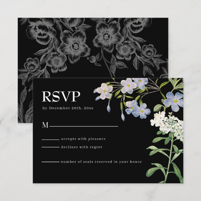 Carte RSVP de mariage floral noir et blanc moderne (Devant / Derrière)