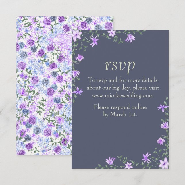 Carte RSVP de mariage floral violet et gris (Devant / Derrière)