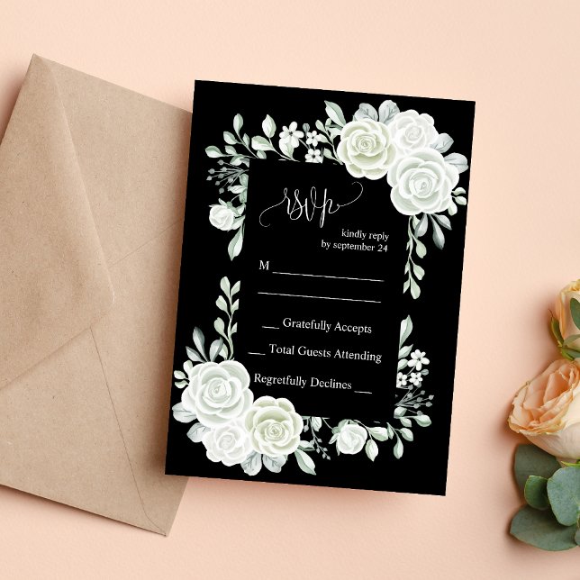 Carte RSVP de mariage gothique noir et blanc Roses (Créateur téléchargé)