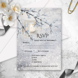 Carte RSVP de mariage hivernal à neige mousseuse