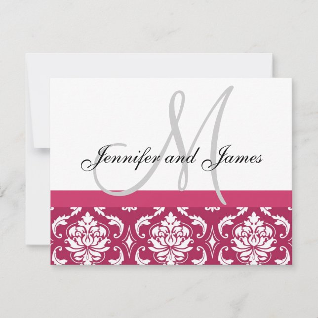 Carte RSVP de mariage Hot rose Damask Monogramme & (Devant)