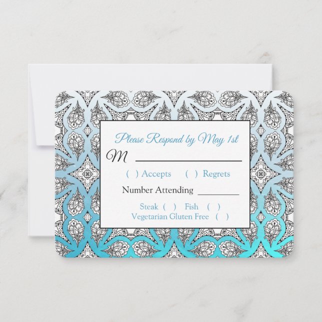 Carte RSVP de mariage Mandala noir et bleu (Devant)