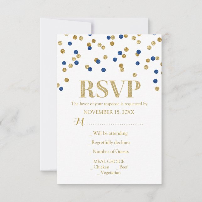 Carte RSVP de mariage Marine Blue Gold Confetti (Devant)