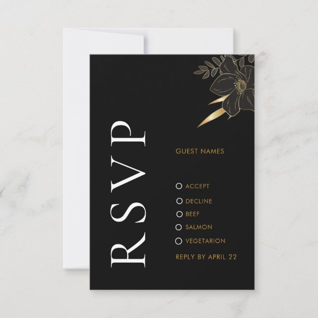 Carte RSVP de mariage moderne Black Gold Floral él (Devant)