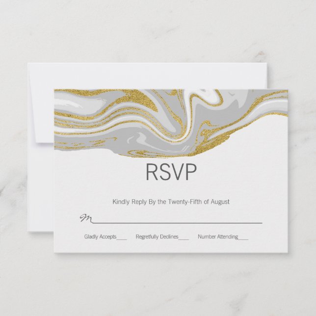 Carte RSVP de mariage moderne en marbre et or (Devant)