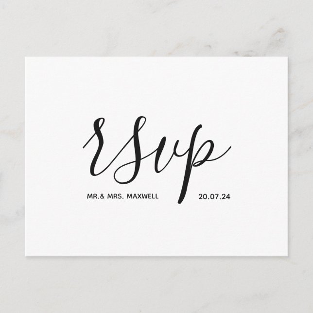 Carte Rsvp de mariage moderne Script noir et blanc (Devant)