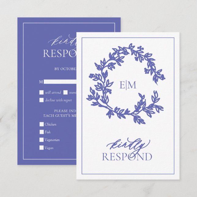Carte RSVP de mariage Monogramme de crête feuillue (Devant / Derrière)