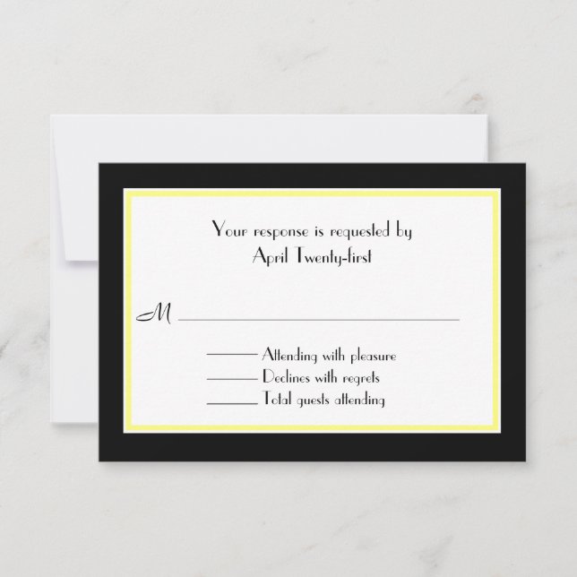 Carte RSVP de mariage noir, blanc et jaune (Devant)