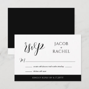 Carte RSVP de mariage noir & blanc moderne Script
