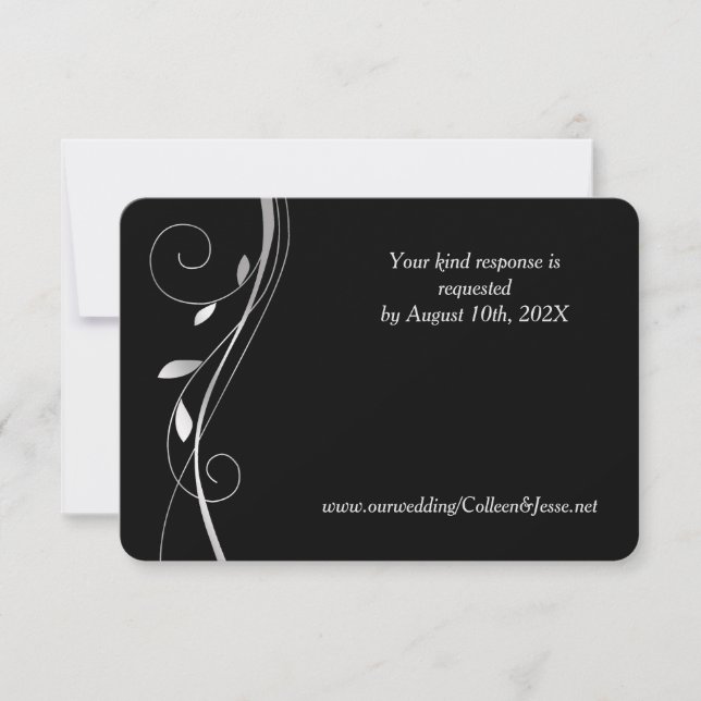 Carte RSVP de mariage noir élégant à feuille d'arg (Devant)