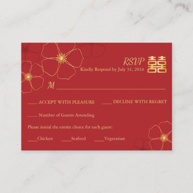 Carte RSVP de mariage Red & Gold Cherry Blossoms (Devant)