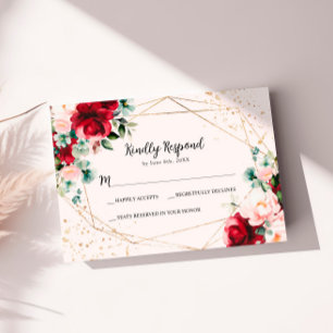 Carte RSVP de mariage Red Rose & Gold Watercolor