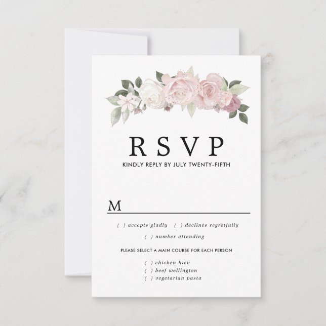 Carte RSVP de mariage rose blancFloral, options de (Devant)