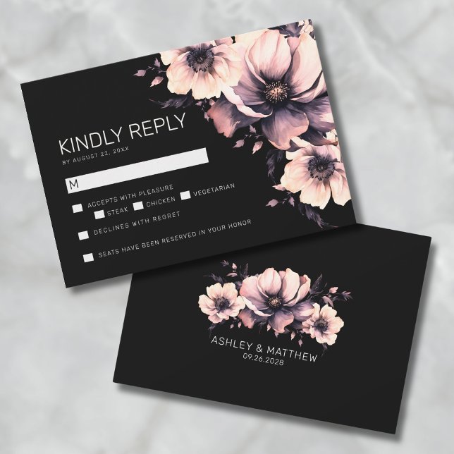 Carte RSVP de mariage rose noir (Black Pink Floral Wedding RSVP Card)