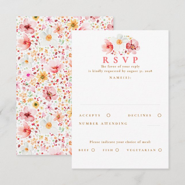 Carte RSVP de mariage rose vierge Fleur sauvage (Devant / Derrière)
