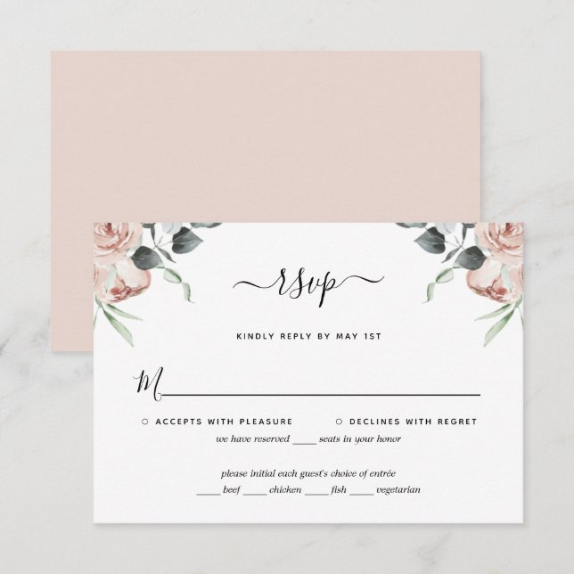 Carte RSVP de mariage rose vif pour Roses floraux (Devant / Derrière)