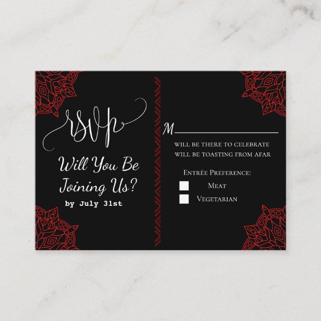 Carte RSVP de mariage rouge noir indien (Devant)