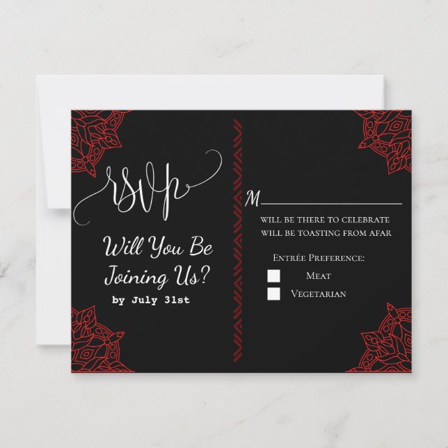 Carte RSVP de mariage rouge noir indien (Devant)