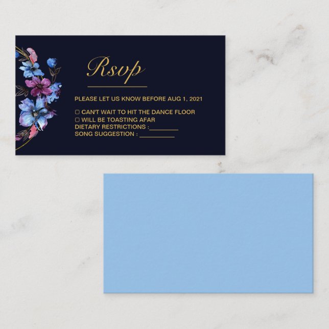 Carte RSVP de mariage Royal Blue Floral moderne (Devant / Derrière)