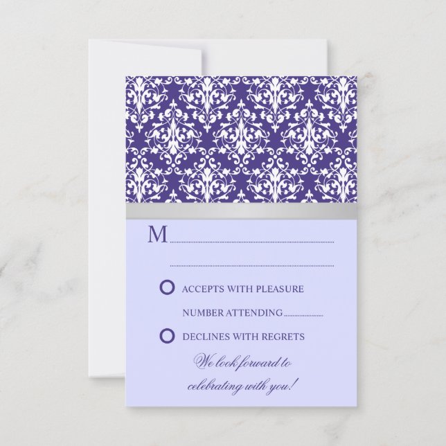 Carte RSVP de mariage ruban argent faux damassé vi (Dos)