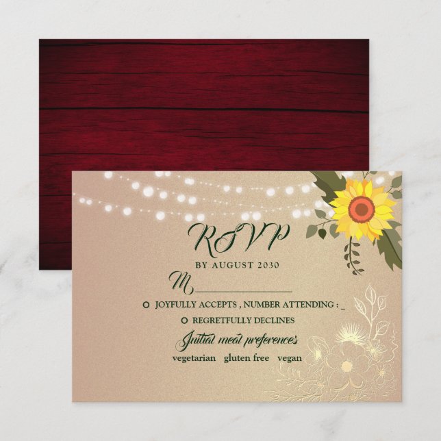 Carte RSVP de mariage Rustic Sunflower String (Devant / Derrière)