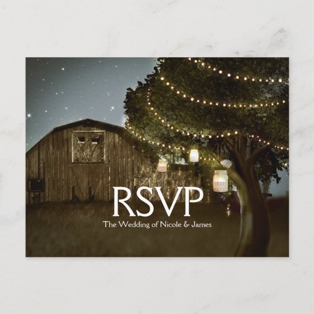 Carte RSVP de mariage rustique avec grange et feux (Devant)
