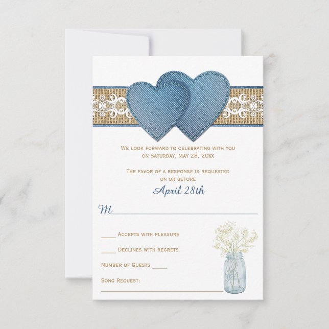 Carte RSVP de mariage rustique | Denim, dentelle,  (Devant)