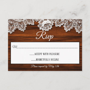 Carte RSVP de mariage rustique en bois et dentelle