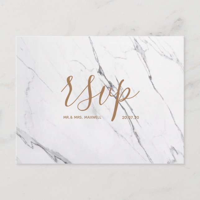 Carte Rsvp de mariage | Script de marbre blanc or (Devant)