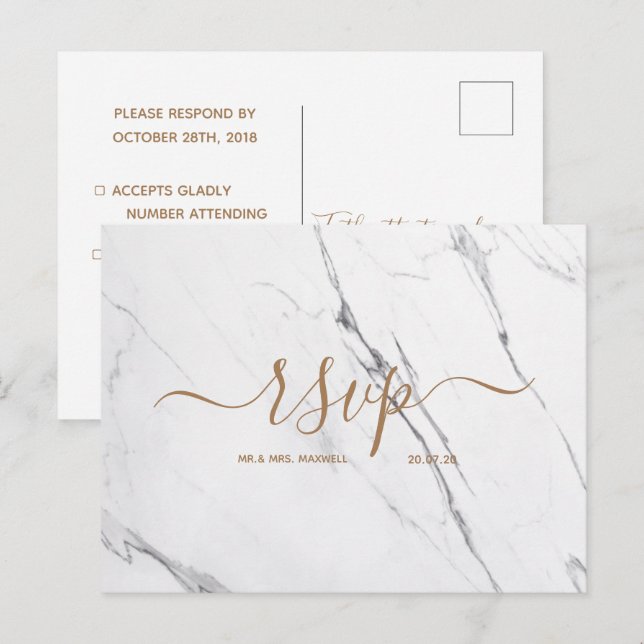 Carte Rsvp de mariage | Script de marbre blanc ros (Devant / Derrière)
