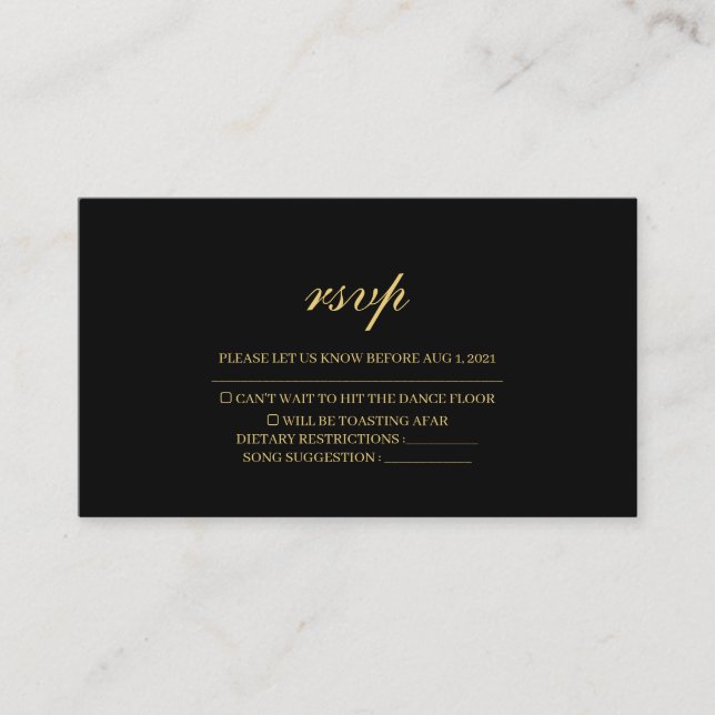 Carte RSVP de mariage traditionnel noir et or simp (Devant)