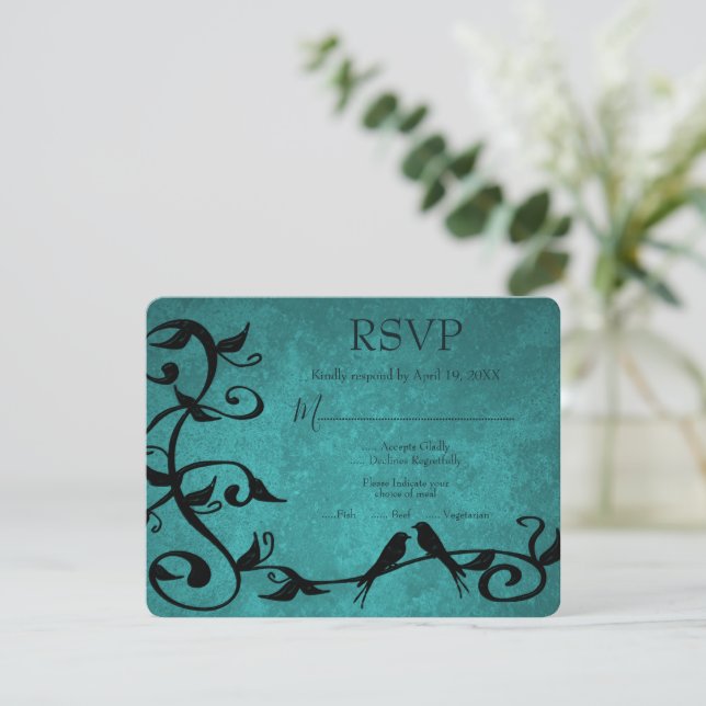 Carte RSVP de mariage turquoise Lovebirds (Debout devant)