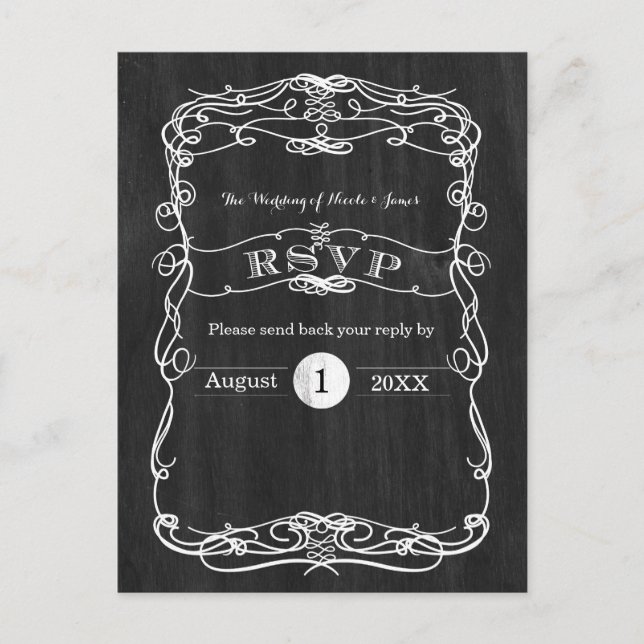 Carte RSVP de mariage Vintage en bois noir et blan (Devant)