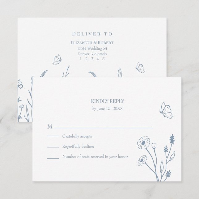 Carte RSVP Dusty Blue Fleurs sauvages et Butterfil (Devant / Derrière)