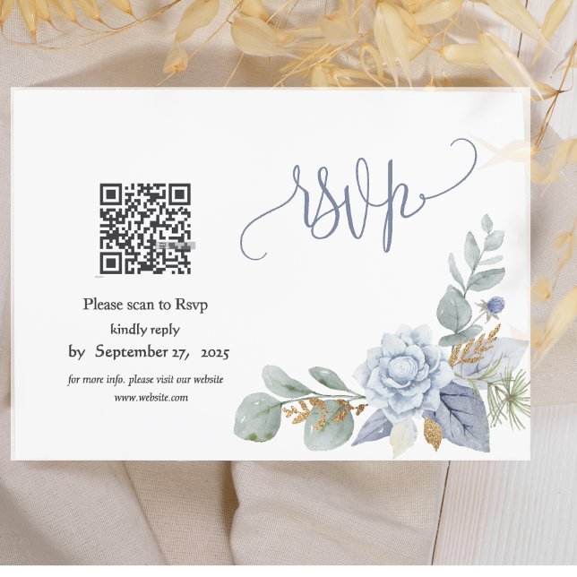 Carte RSVP Dusty Blue Floral QR Code (Créateur téléchargé)