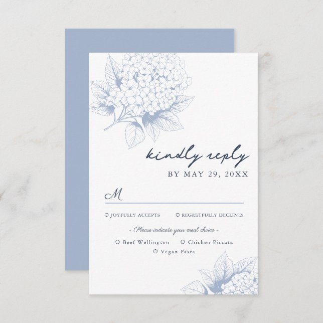 Carte RSVP Dusty Blue Hydrangea Options de repas (Devant / Derrière)