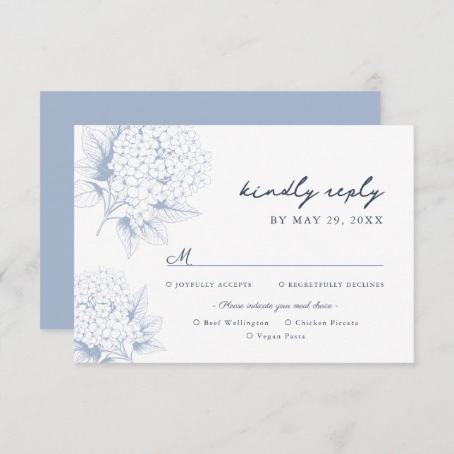 Carte RSVP Dusty Blue Hydrangea Options de repas (Devant / Derrière)
