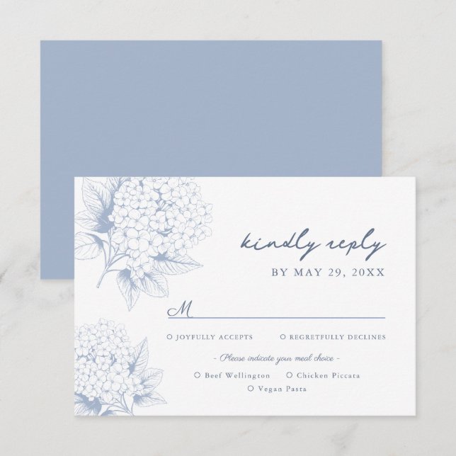 Carte RSVP Dusty Blue Hydrangea Options de repas (Devant / Derrière)