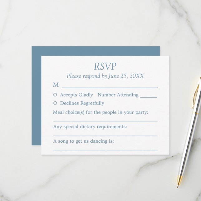 Carte RSVP Dusty Blue Mariage - Choix d'hôtes (Devant/Arrière en situation)