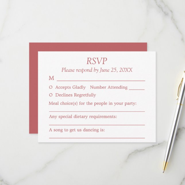 Carte RSVP Dusty Rose Rose - Choix d'invités (Devant/Arrière en situation)