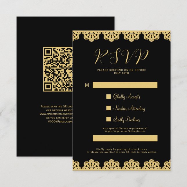 Carte RSVP Elegant Gold et Black Islamic QR Code R (Devant / Derrière)