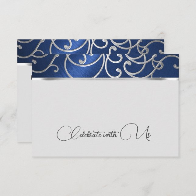Carte RSVP Elegant Marine Blue et Silver Filigree (Devant / Derrière)