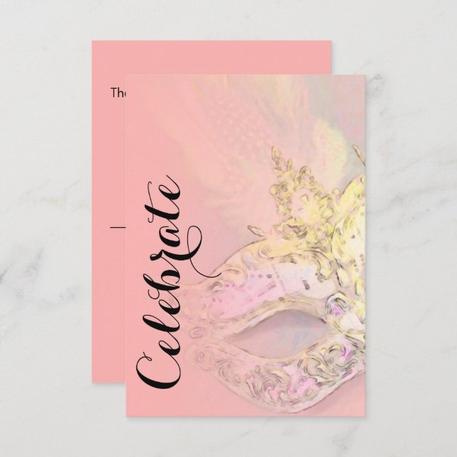 Carte RSVP Elegant Masquerade Coral rose Jaune (Devant / Derrière)