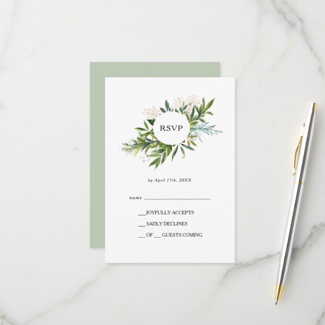 Carte RSVP Elegant Olive Greenery (Devant/Arrière en situation)