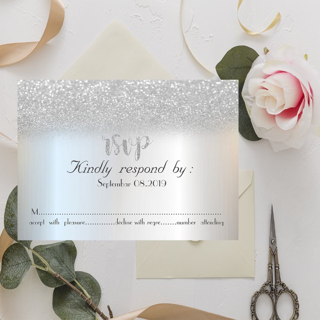 Carte RSVP élégante à paillettes argentées Bokeh (Créateur téléchargé)