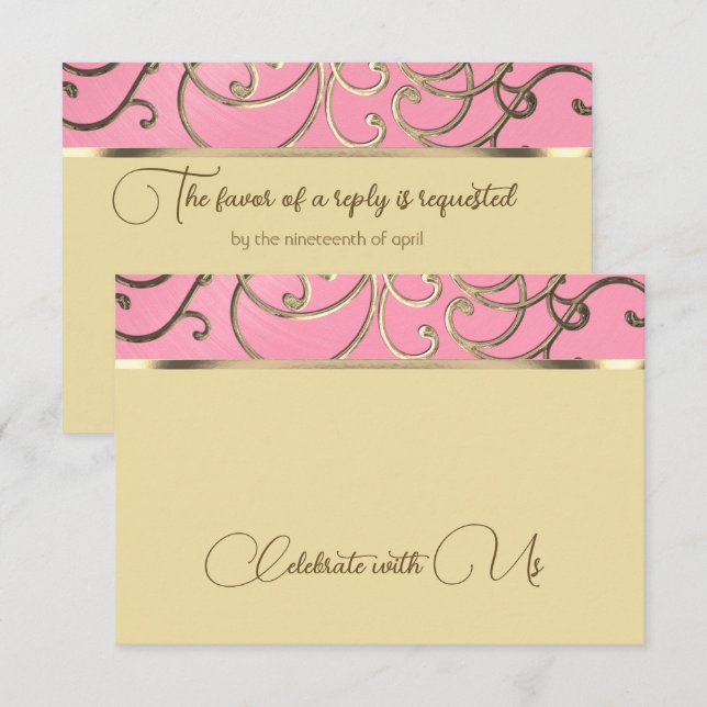 Carte RSVP élégante Filigree rose et or (Devant / Derrière)