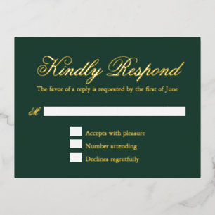 Carte RSVP Elégante Mariage Vert Formal Gold Foil