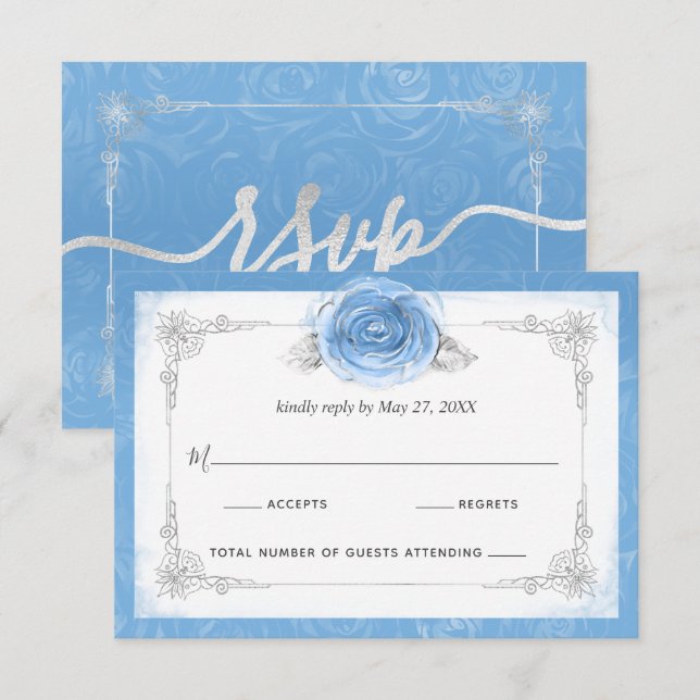 Carte RSVP Elégante Rose Argent et Bleu Bahama (Devant / Derrière)